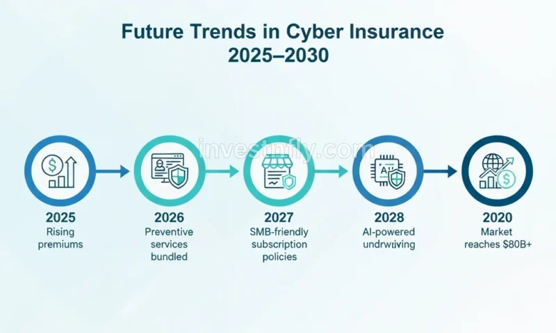 Infographic timeline showing cyber insurance future trends from 2025 to 2030 including rising premiums, preventive services, SMB-friendly policies, AI-powered underwriting, and $80B market growth