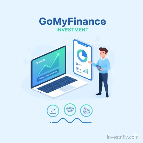 Illustration of GoMyFinance investment platform showing digital charts, graphs, and investor analysis 