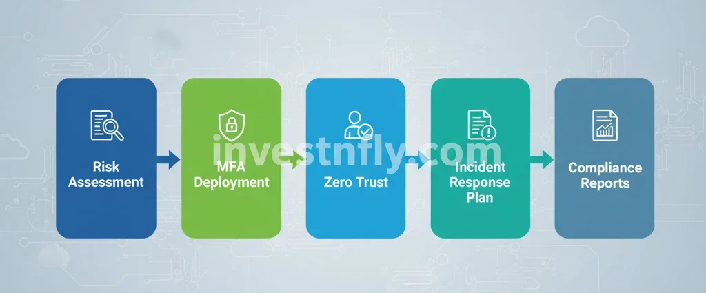 How to qualify for cyber insurance coverage Silverfort infographic with 5 steps: risk assessment, MFA, Zero Trust, incident response, compliance reports.
