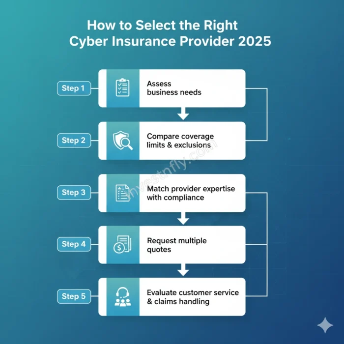 Infographic showing five steps to select the right cyber insurance provider in 2025: assess business needs, compare coverage, match compliance, request quotes, and evaluate customer service