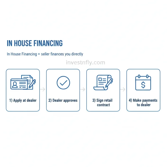 How in house financing works: apply at dealer, approval, sign contract, make payments to dealer