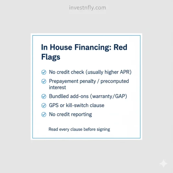 Red flags for in house financing—no credit check, prepayment penalty or precomputed interest, bundled add-ons, GPS/kill switch clause, no credit reporting