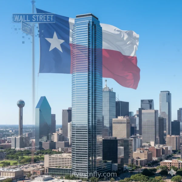 JPMorgan Chase tower with Texas skyline and Wall Street sign – finance sector power shift 2025