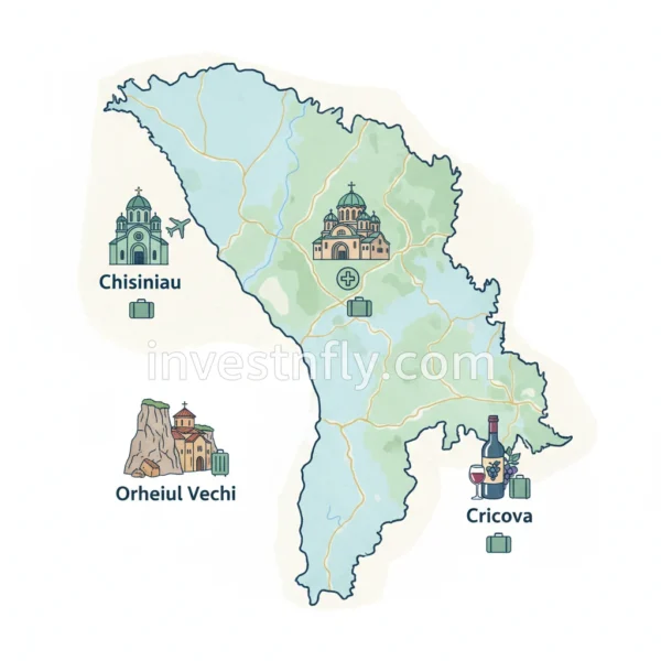 Travel insurance Moldova – illustrated tourist map of Moldova with major cities