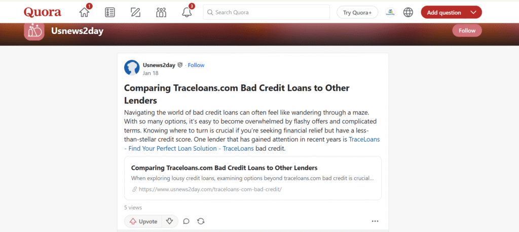 Screenshot of Quora discussion about traceloans.com student loans, showing user questions and answers on licensing, APR, and repayment transparency.