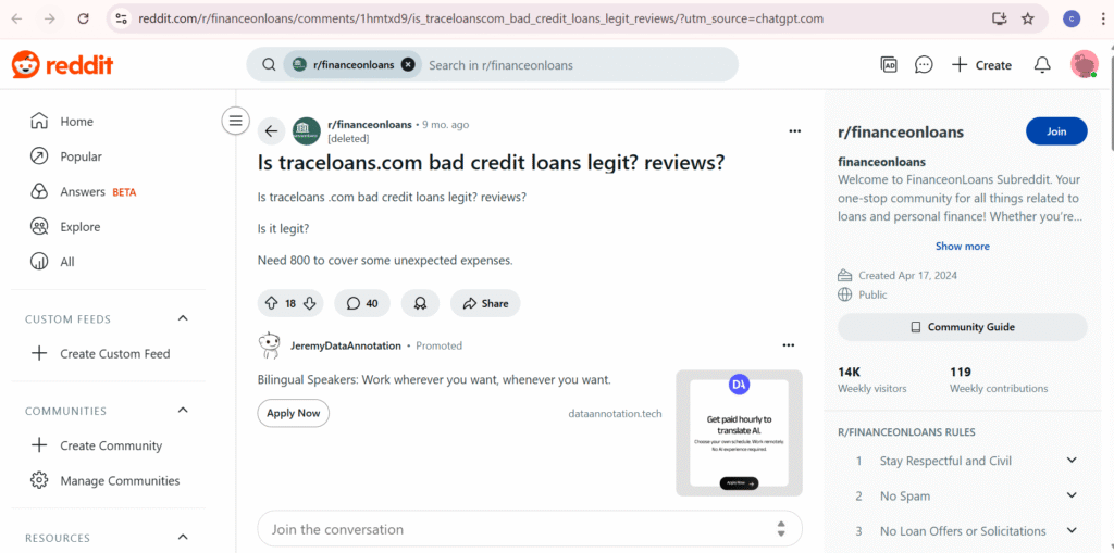 Screenshot of Reddit discussion reviewing traceloans.com student loans, highlighting borrower concerns about high APR and lack of transparency.