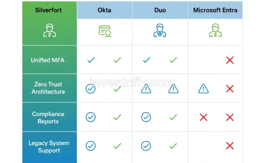 Comparison infographic of Silverfort vs Okta vs Duo vs Microsoft Entra for cyber insurance coverage, highlighting MFA, Zero Trust, compliance reporting, and legacy support.