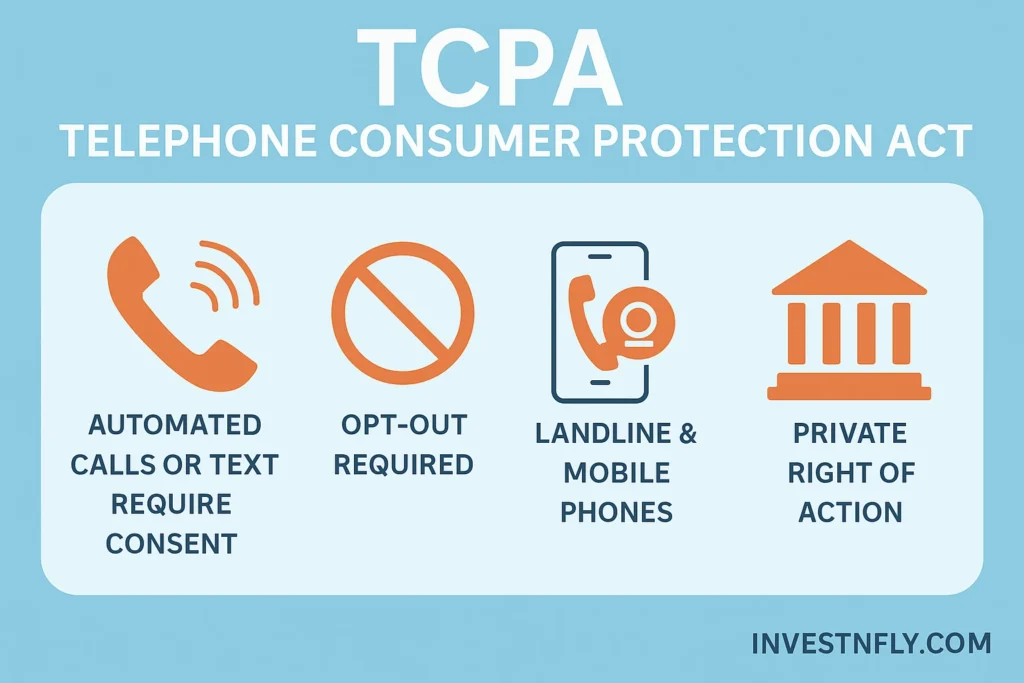TCPA infographic showing key rules: consent for calls or texts, opt-out option, coverage for landline and mobile, and private right of action.
