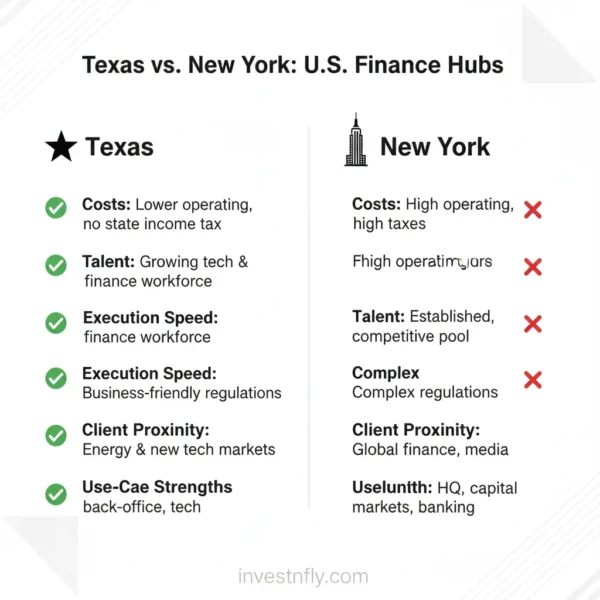 Infographic comparing Texas and New York finance hubs: costs, talent, speed, client proximity, strengths
