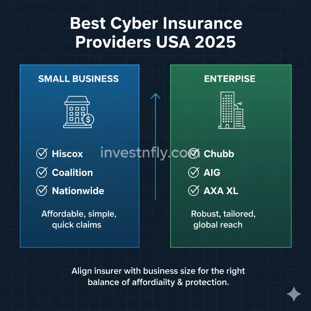 Infographic list of top 10 cyber insurance providers USA 2025 including Chubb, AIG, Travelers, Hiscox, Coalition, AXA XL, CNA, Liberty Mutual, Nationwide, and Beazley