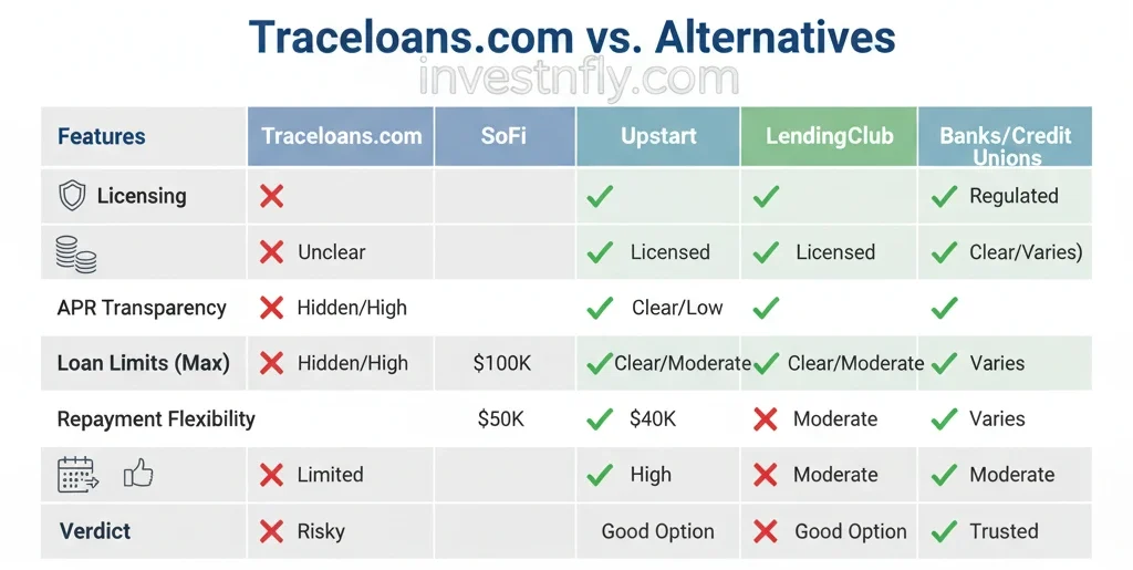 Infographic comparing traceloans.com personal loans with SoFi, Upstart, LendingClub, and banks, showing licensing, APR, loan limits, and safety verdicts.