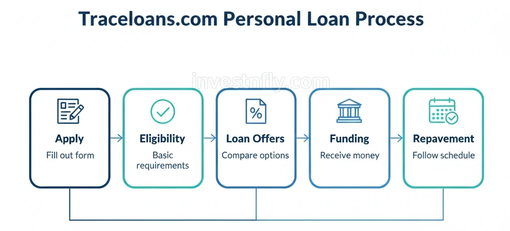 Infographic flowchart showing how traceloans.com personal loans work: application, eligibility, loan offers, funding, and repayment.