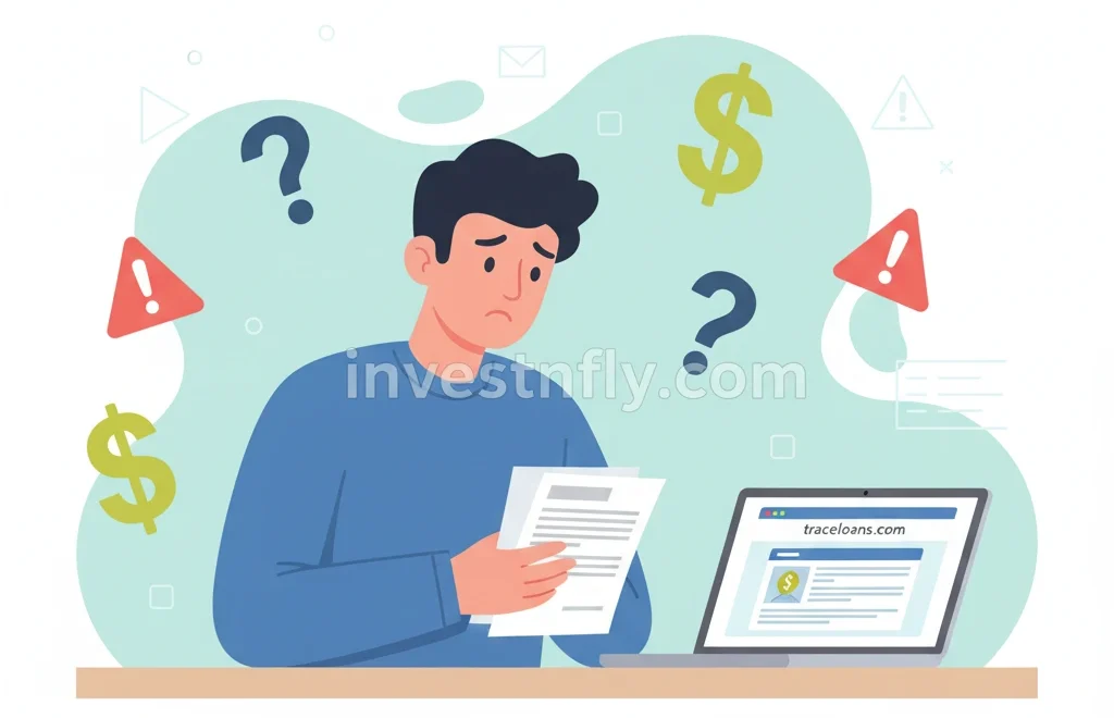 Illustration of a borrower reviewing traceloans.com personal loans in 2025, showing risks and lack of transparency.
