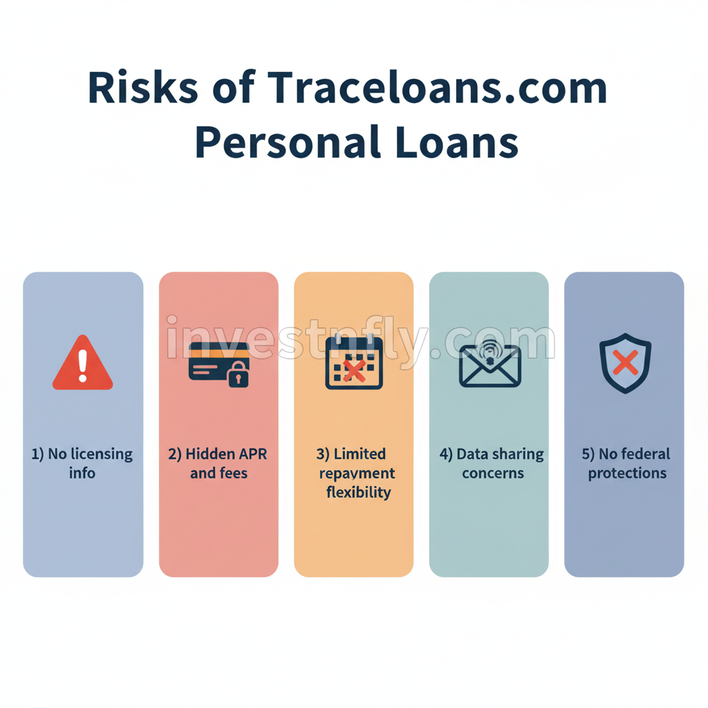 Infographic showing the risks of traceloans.com personal loans, including unclear licensing, hidden APR, data sharing, and limited protections.