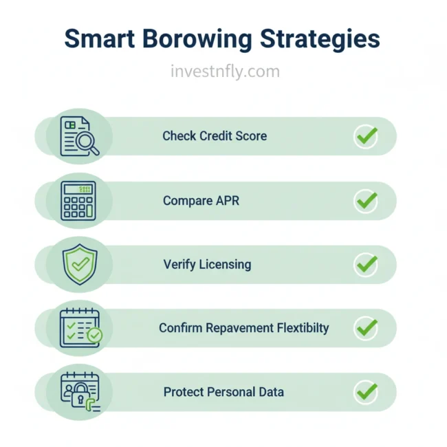 Infographic checklist of strategies for borrowers considering traceloans.com personal loans: credit check, APR comparison, licensing verification, repayment planning.