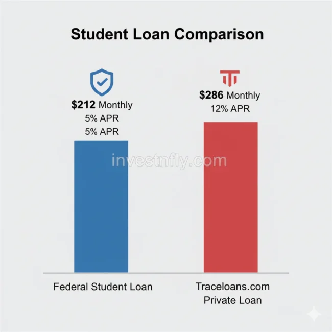 Chart comparing repayment costs of federal vs traceloans.com student loans.