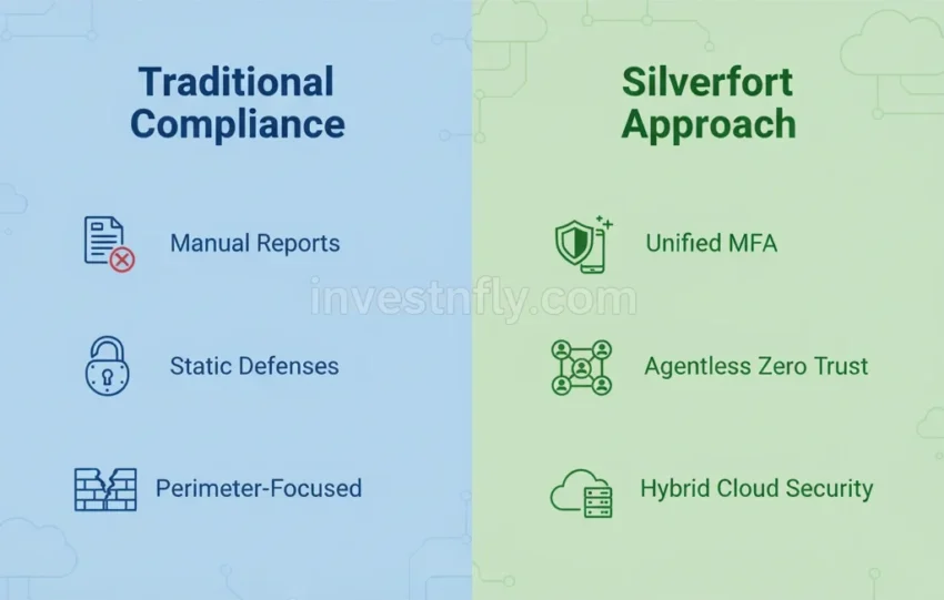 Comparison infographic showing traditional compliance vs Silverfort approach for cyber insurance coverage, including MFA, Zero Trust, and reporting.