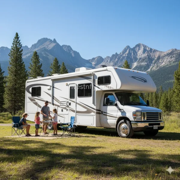 RV motorhome parked at a U.S. campground with family during vacation – Weekly Motorhome Insurance USA