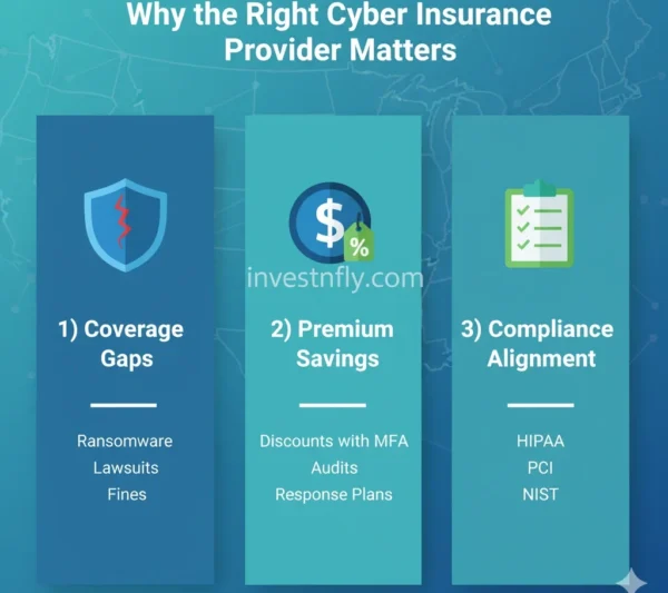 Infographic showing why choosing the right cyber insurance provider matters in 2025: coverage gaps, premium savings, compliance alignment