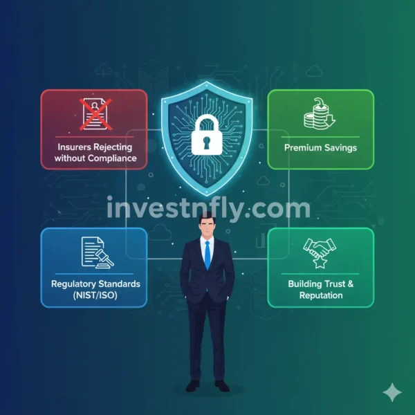 Infographic showing why cyber insurance compliance matters in 2025, including insurer requirements, premium savings, regulatory standards, and business trust – Investnfly.com