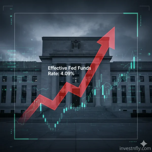 Federal Reserve building with financial chart showing effective fed funds rate rising to 4.09% despite rate cut in 2025